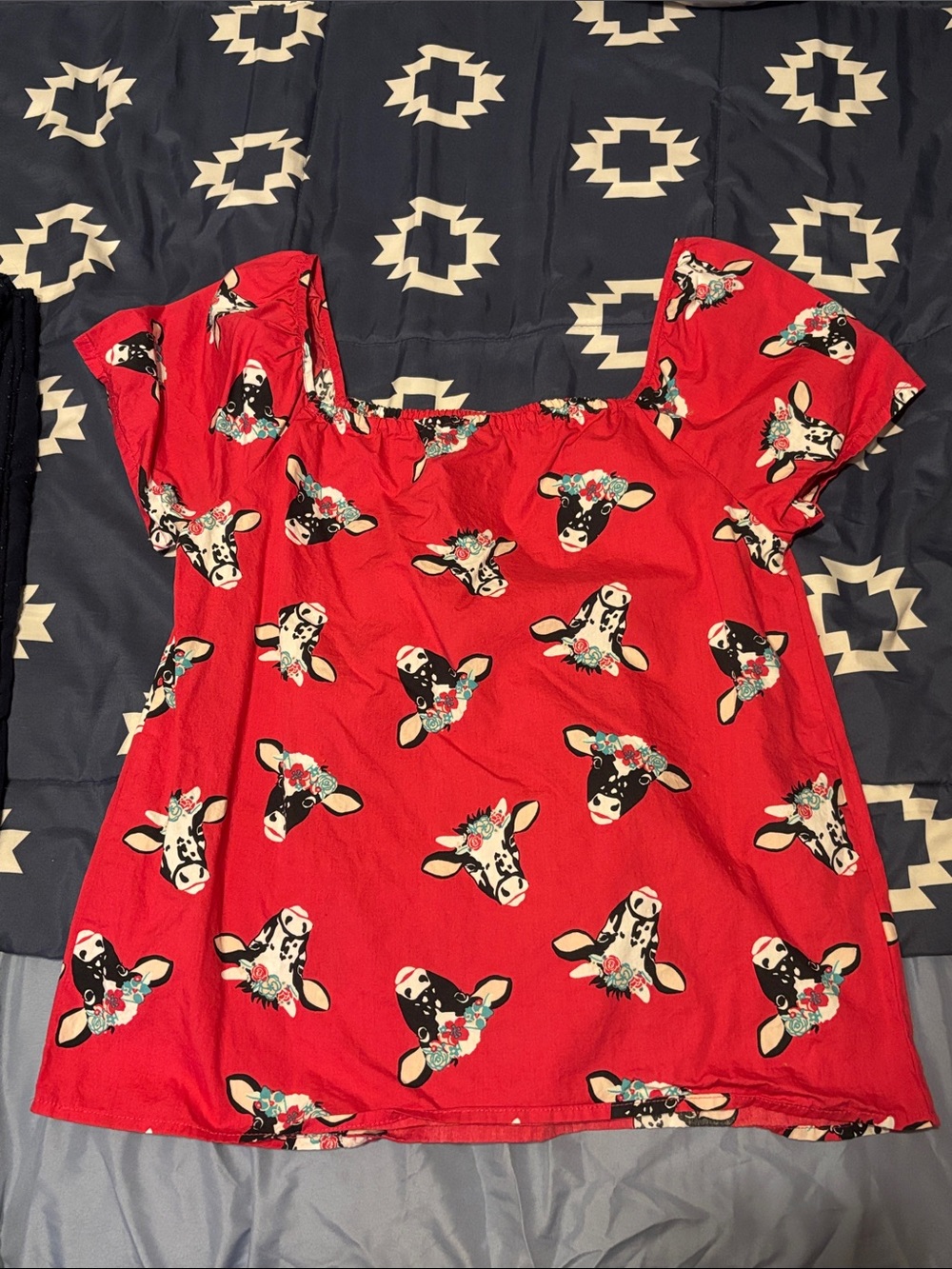 Wrangler Pink Cow-Print Floral Square-Neck Blouse
